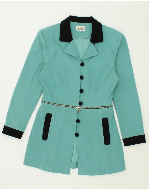 VINTAGE Womens Overcoat EU 38 Medium Turquoise Colourblock Buttoned Longline Coat