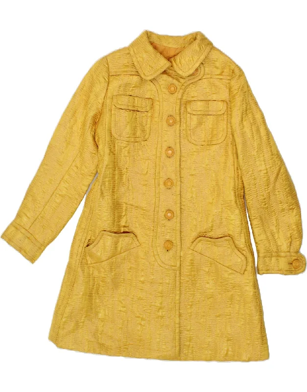 VINTAGE Womens Overcoat UK 10 Small Yellow Satin-Lined Wool Coat