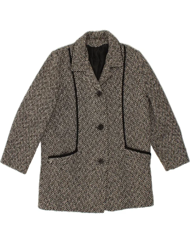 VINTAGE Womens Overcoat UK 12 Medium Grey Herringbone Acrylic Feminine Silhouette Coat