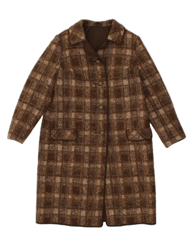 VINTAGE Womens Overcoat UK 14 Medium Brown Check Cashmere Blended Overcoat