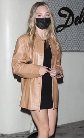 West Hollywood Maddie Ziegler Shirt Collar Brown Leather Overcoat Soft Drape Coat