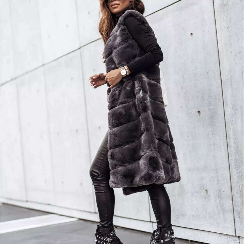 Women Long Faux Fur Autumn Winter Long Round Neck Fur Vests Coat Overcoat Sleeveless High Waist Solid Color Plush Teddy Overcoat