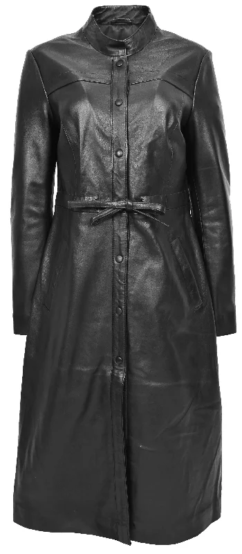 Womens Real Leather Full Length Coat Trendy Slim Fit Trench Overcoat Gamora Classic Wool Overcoat