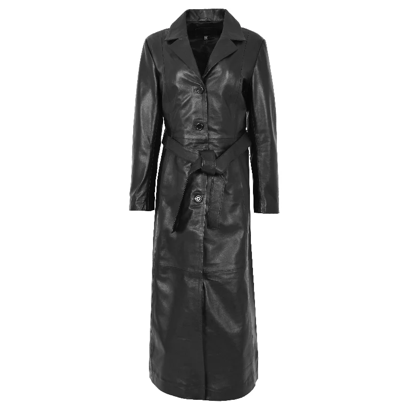 Womens Soft Black Leather Full Length Overcoat Ankle Long Matrix Trench Foxy Tailored Business Overcoat