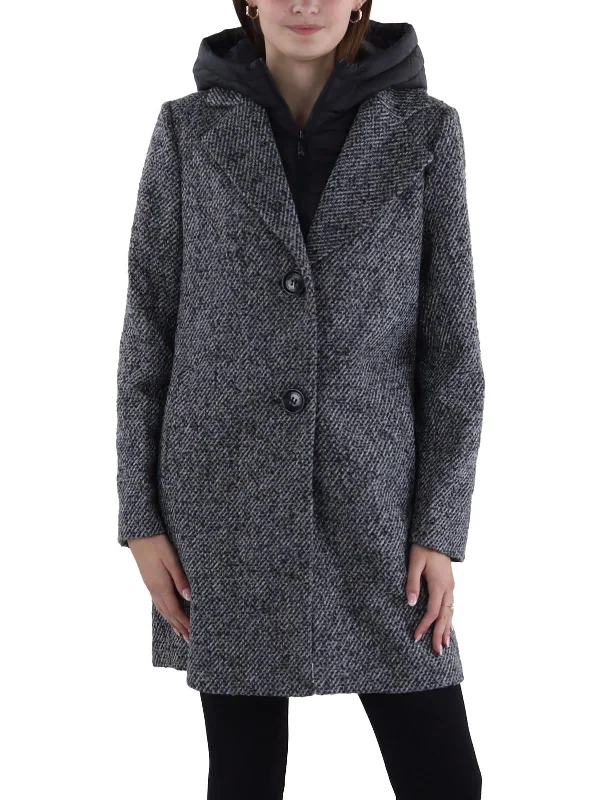 Womens Wool Blend Hooded Overcoat Puffy Shoulder Overcoat