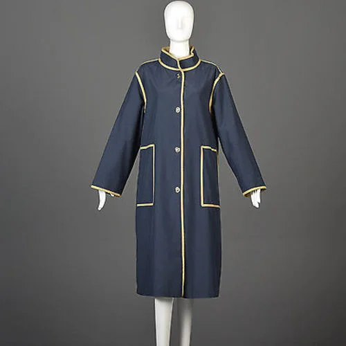 1970s Bonnie Cashin Navy Blue Overcoat with Tan Trim Soft Textured Coat