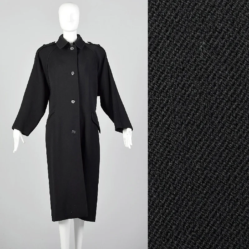 1980s Bill Blass Long Black Overcoat with Convertible Pockets Relaxed Fit Overcoat