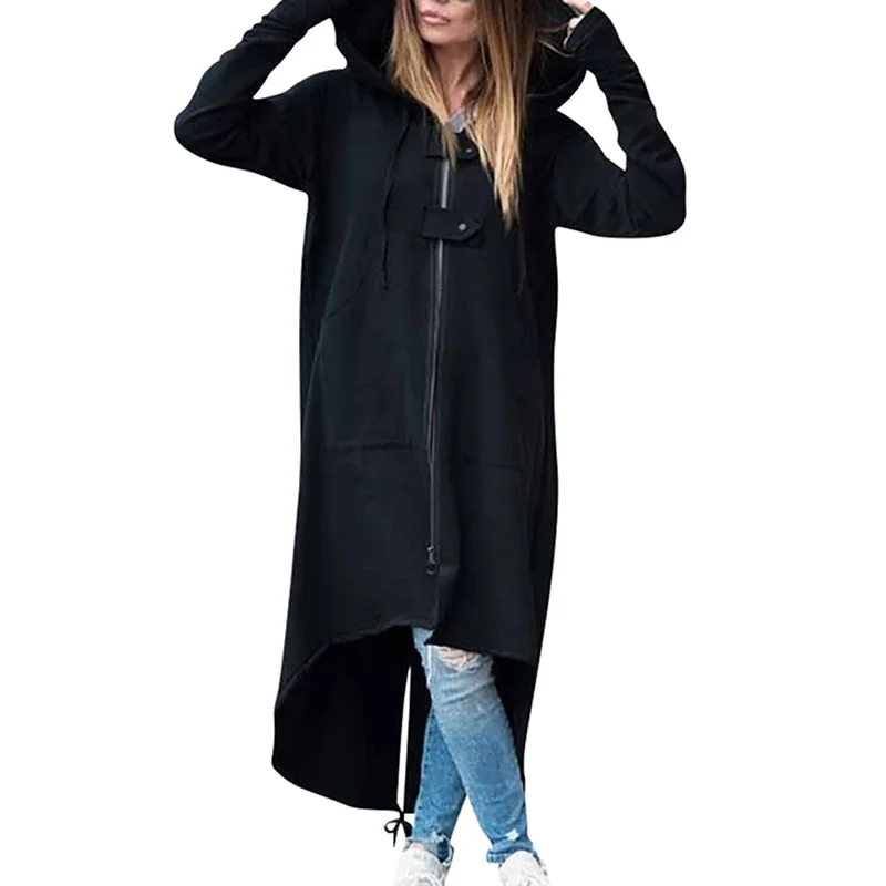 Alternative Fashion Long Sleeve Hooded Trench Coat / Black Zipper Velvet Women Overcoat Draped Collar Overcoat