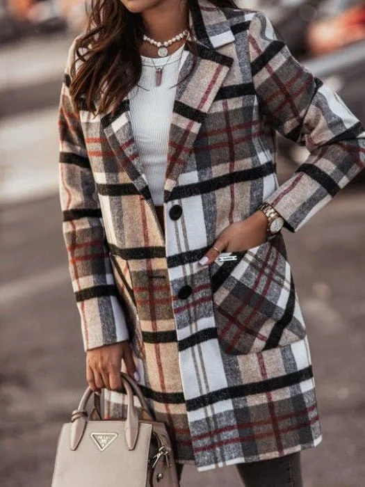 Elegant Plaid Overcoat for Women Asymmetrical Zip Overcoat