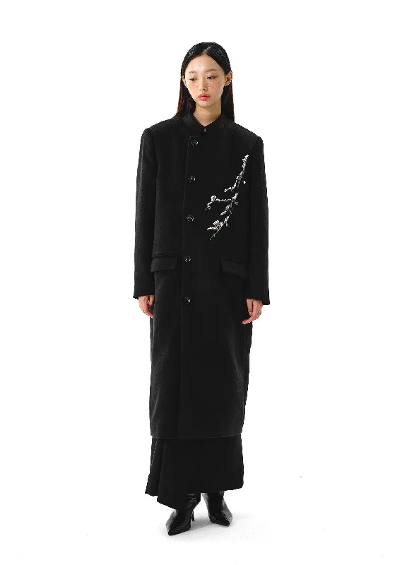 Elegant Plum Tree Embroidered Overcoat Soft Drape Coat