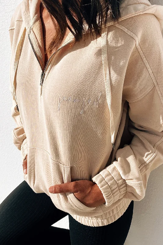 Incline Half Zip Hoody Tan Hoodie with Crew Neck Simple Timeless