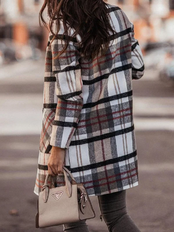 Long Plaid Overcoat for Ladies Lapel-Free Sleek Coat