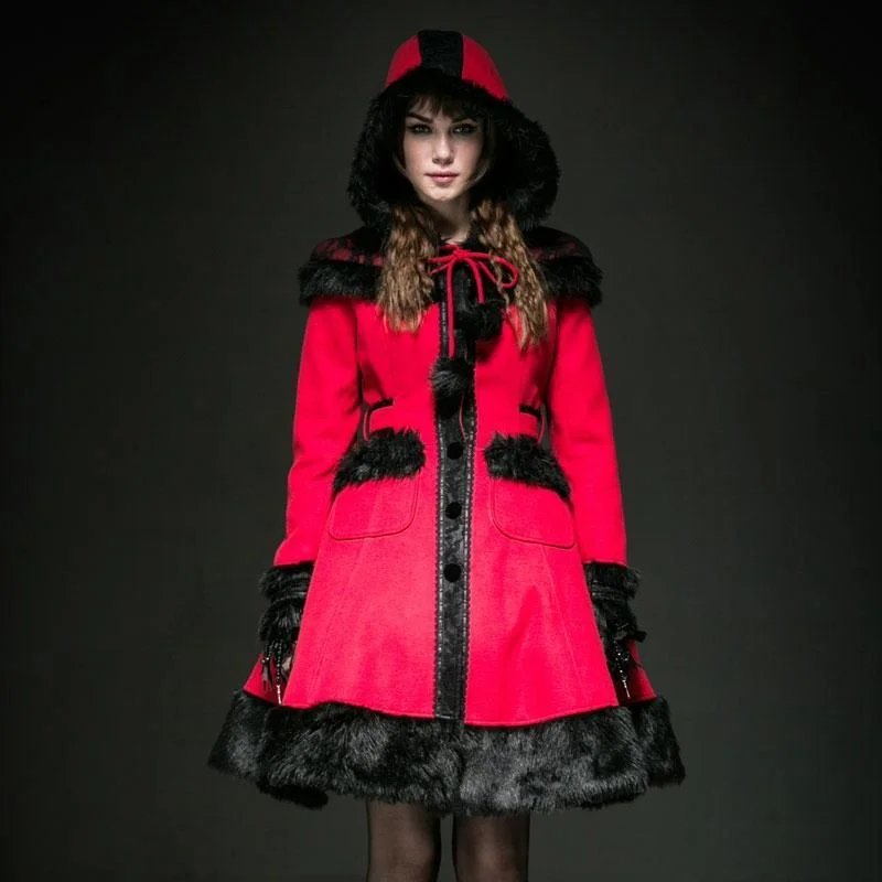 Women's Lolita Hooded Bowknot Overcoat Button-Up Midi Overcoat