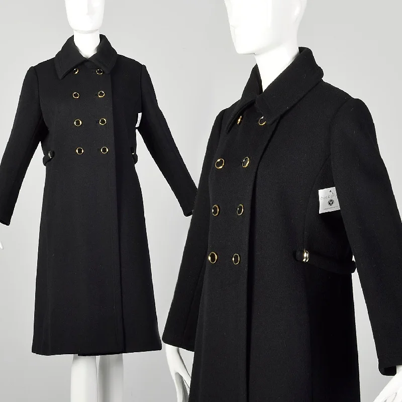 Small 1960s Mod Winter Coat Black Wool Double Breasted Overcoat Oversized Wool Coat