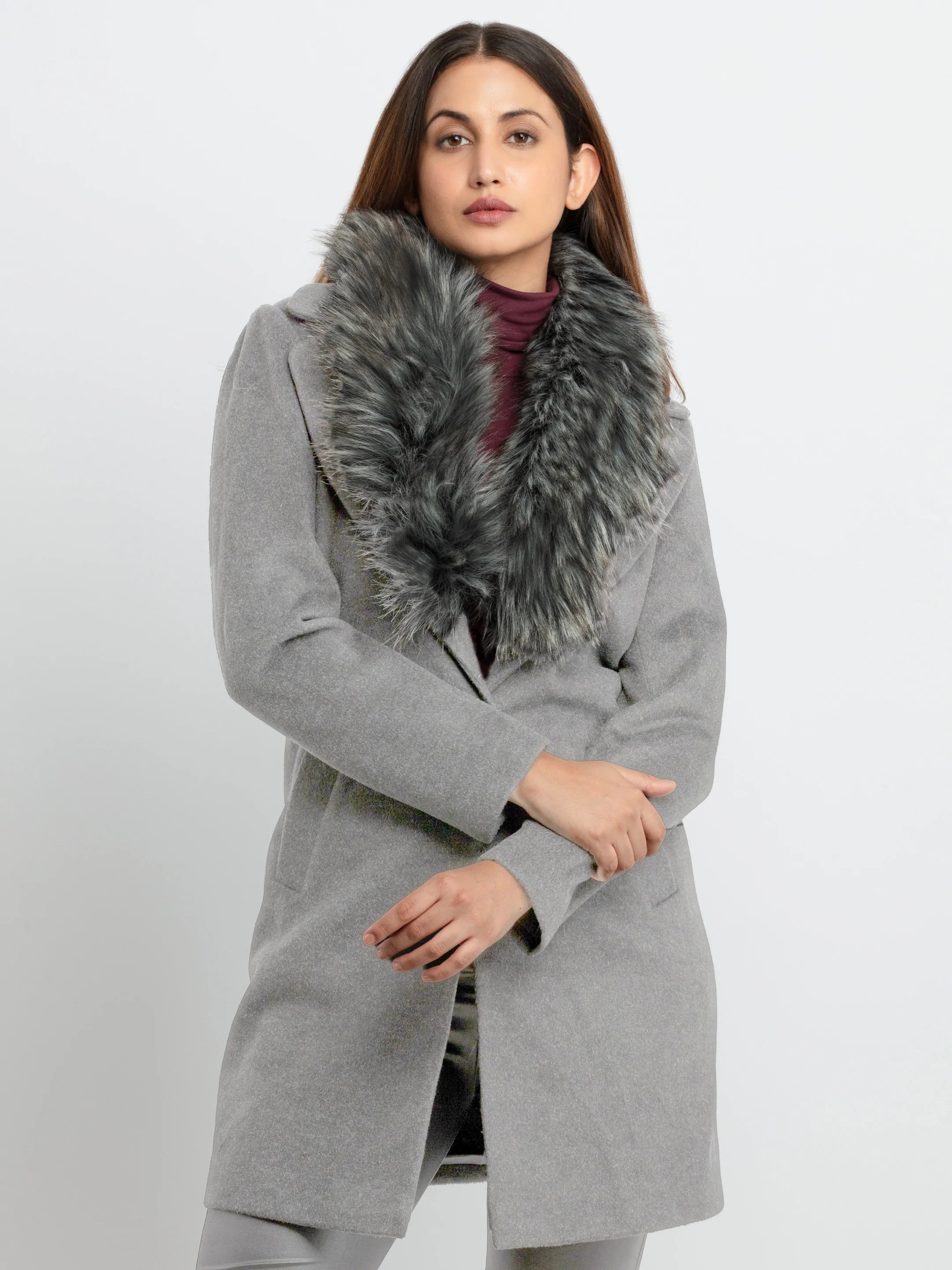 Womens Knitted Collar Neck Long Overcoat Sleek Tailored Overcoat