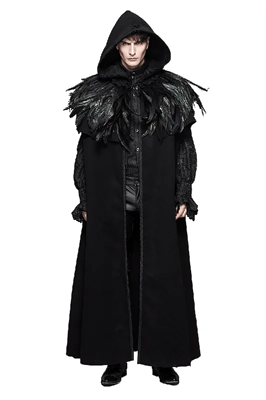 Steampunk Long Cloak Coat with Detachable Feathers / Warm Loose Velvet Hooded Overcoats Lightweight Minimalist Coat