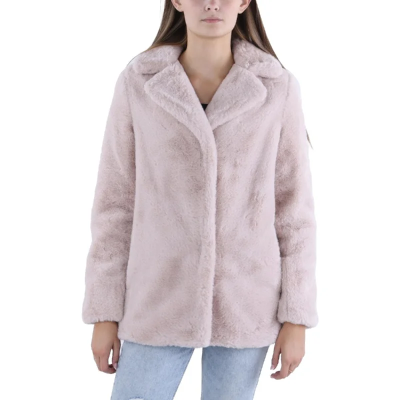 Tahari Womens Faux Fur Long Sleeve Overcoat Hooded Warm Overcoat