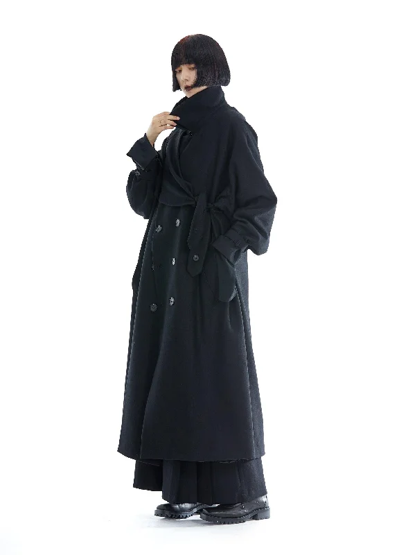 Unisex Wool Blend Oversized Double-Breasted Overcoat Long Hooded Overcoat