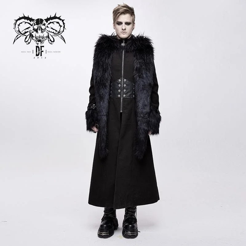 Men's Goth Fur Collar Hooded Woolen Overcoat Vintage-Inspired Wool Coat