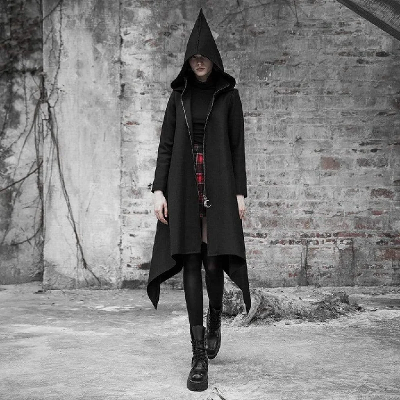 Women's Goth Irregular Witch Woolen Overcoat With Hood Relaxed Streetwear Coat