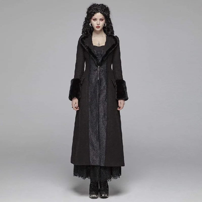 Women's Goth Jacquard Turn-Down Collar Woolen Overcoat Satin-Lined Wool Coat