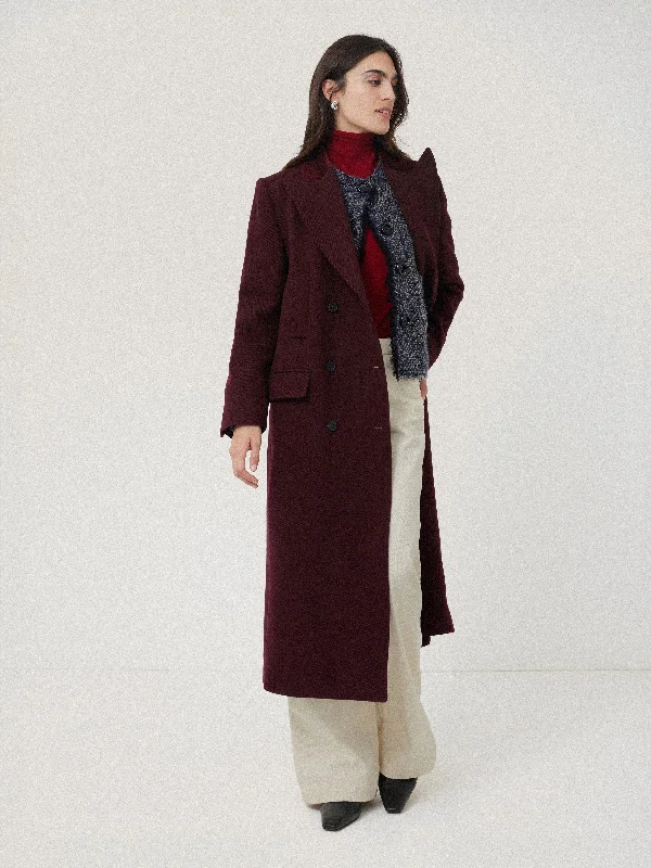 Wool Double Breasted Overcoat | Burgundy Faux Fur Collar Coat