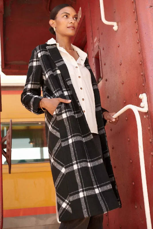 Check Point Button-Front Plaid Overcoat Soft Drape Coat