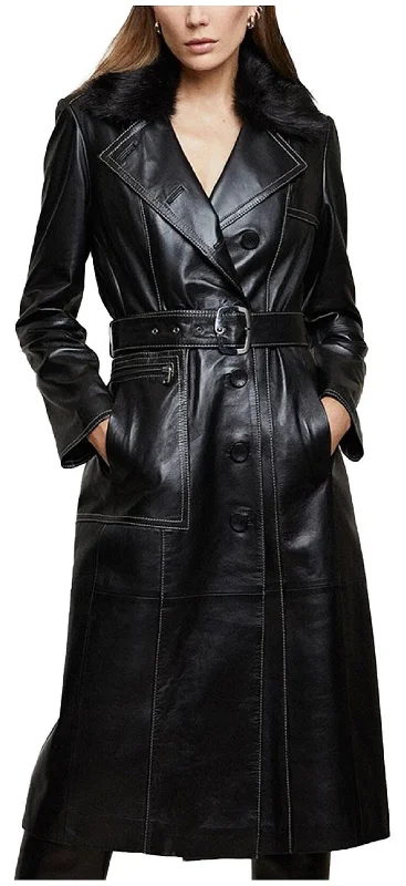 Women's Black Real Leather Trench Long Overcoat Elegant Cape Overcoat