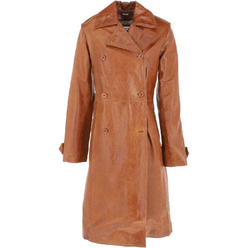 Women's 3-4 Double Breasted Distressed Tan Leather Trench Long Overcoat Lightweight Travel Coat