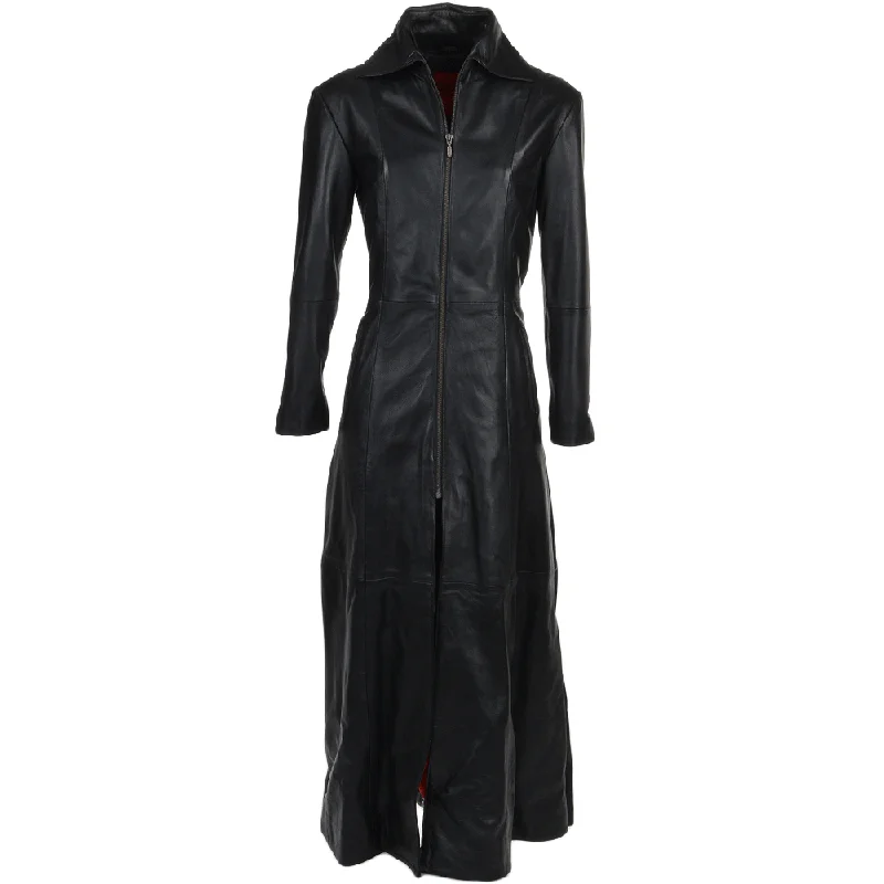 Women's Black Long Length Gothic Leather Trench Long Overcoat Plush Teddy Overcoat