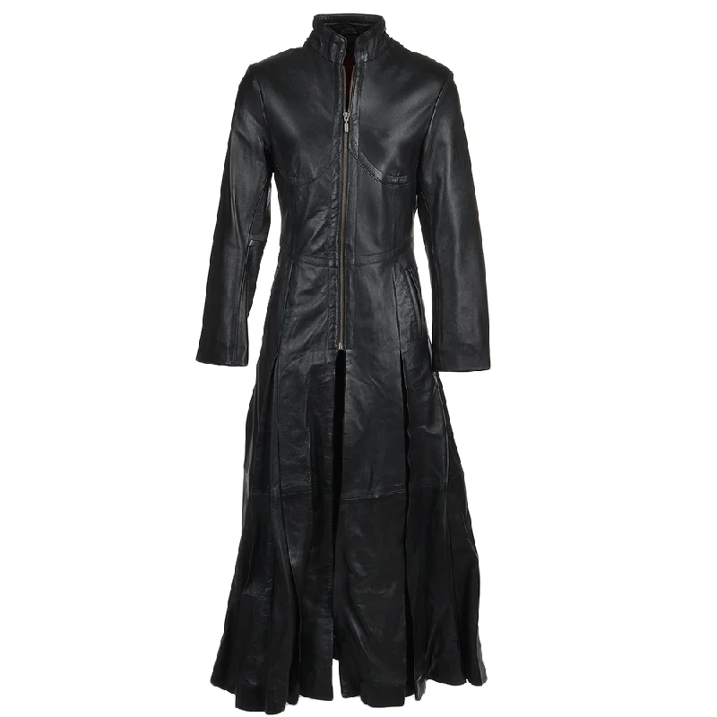 Women's Black Long Length Gothic Leather Trench Long Overcoat Padded Wool Overcoat