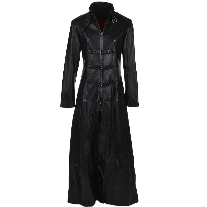 Women's Belted Black Long Length Gothic Leather Trench Long Overcoat Belted Herringbone Coat