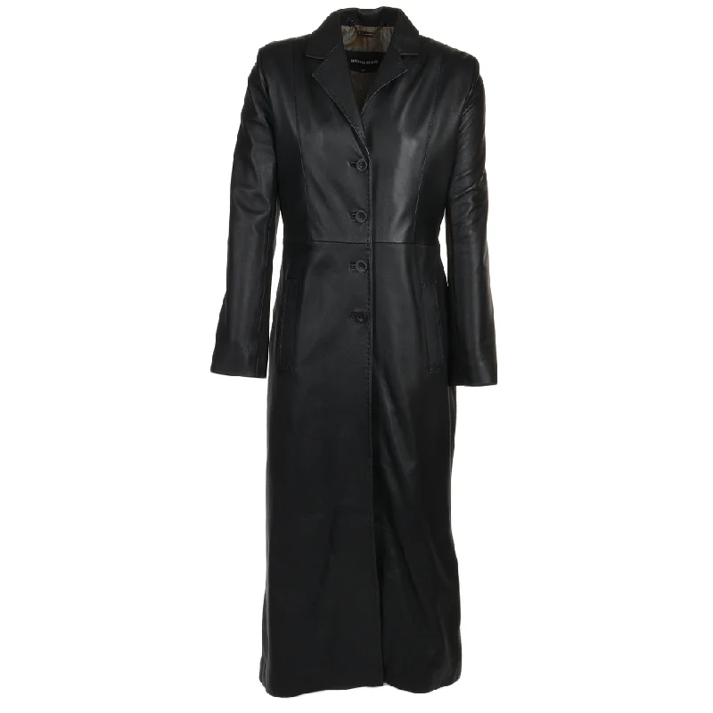 Women's  Black Long Length  Leather Trench Long Overcoat Timeless Wool Coat