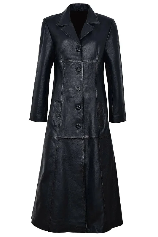 Women's Black Real Leather Trench Long Overcoat Classic Wool Overcoat