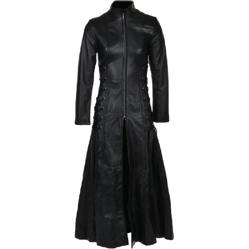 Women's Black Full Length Gothic Real Leather Trench Long Overcoat Wool Tweed Overcoat