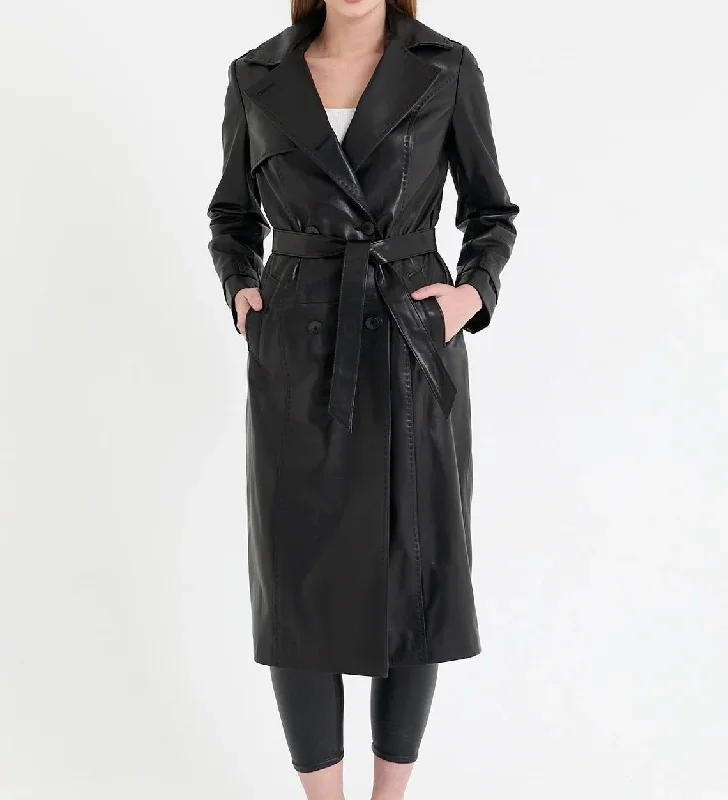 Women's Black Real Leather Trench Long Overcoat Elegant Long Coat