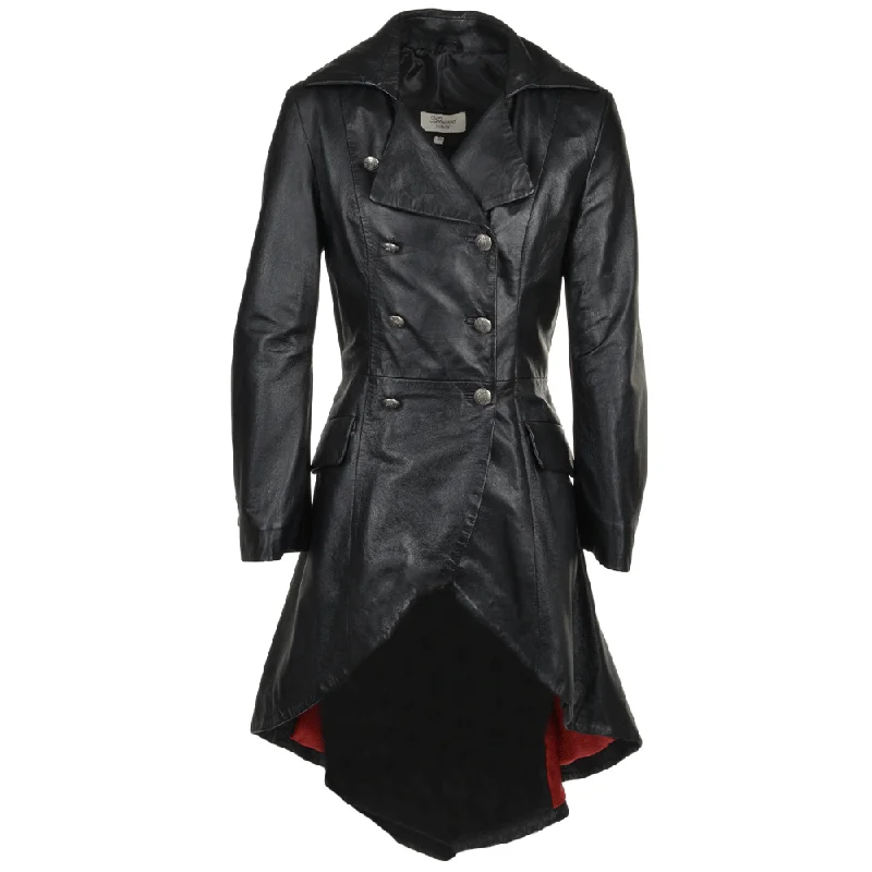 Women's Double Breasted Black Leather Trench Long Overcoat Smart Office Coat