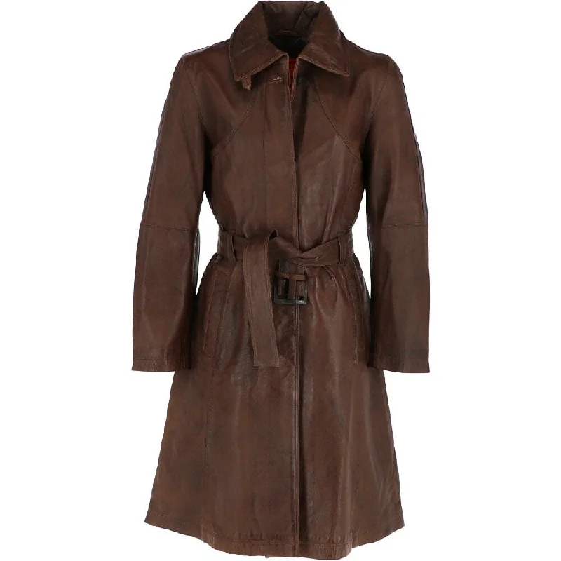 Women's Vintage Brown Single Breasted Leather Trench Long Overcoat Chic Slim-Fit Overcoat