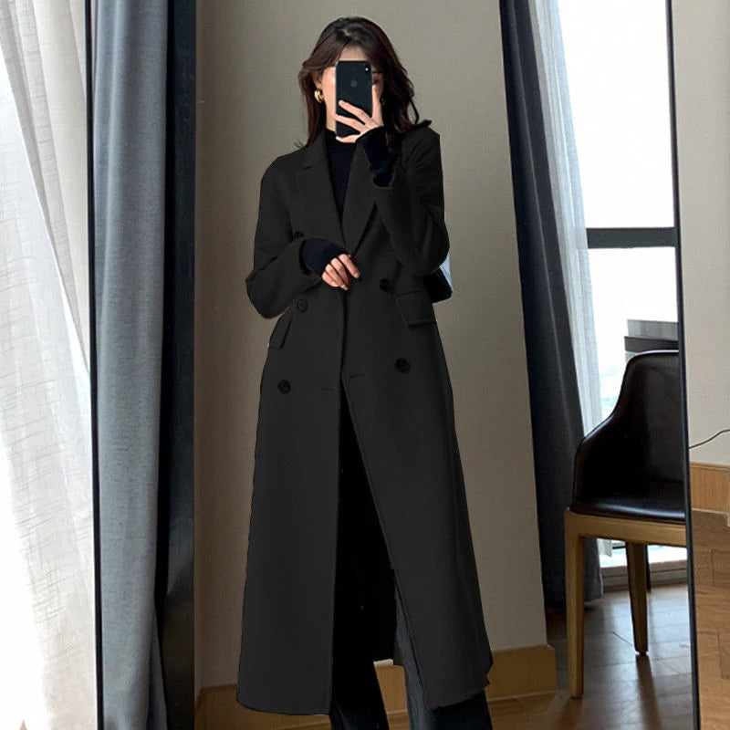 Znbbw Long Trench Coat Women Streetwear Double Breasted Wool Coat Korean Plus Size Windbreaker Outwear Winter Woolen Overcoat Fuzzy Faux Fur Coat