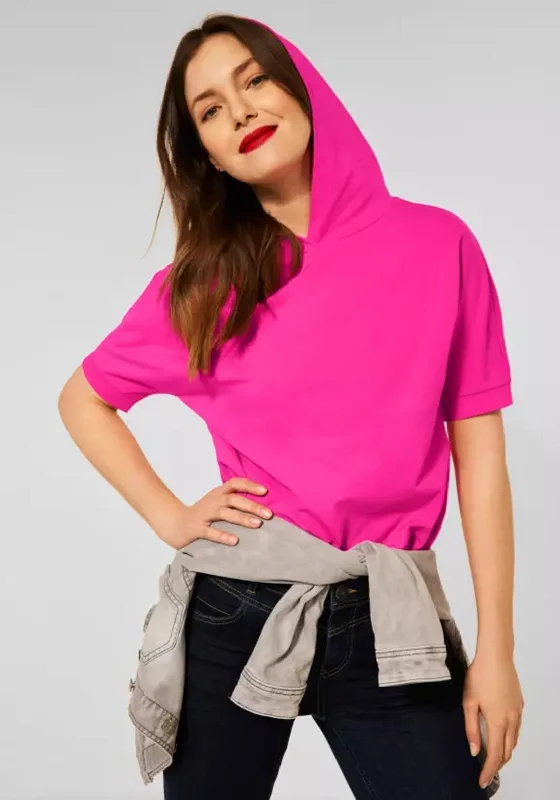 Street One Short Sleeved Hoody, Pink Hoodie with Hem Raw Edge Edgy Unfinished