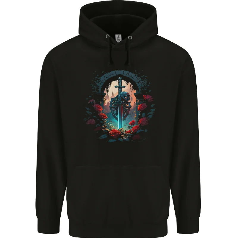 A Gothic Medieval Sword and Skull Mens 80% Cotton Hoodie Hoodie with Raw Hem Edgy Unfinished A Gothic Medieval Sword and Skull Mens 80% Cotton Hoodie Hoodie with Raw Hem Edgy Unfinished