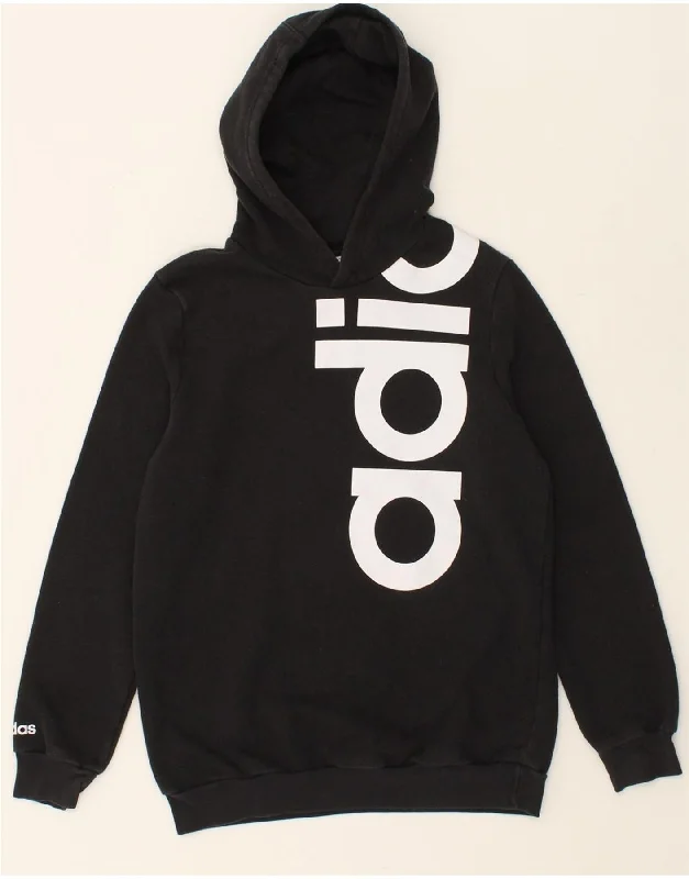 ADIDAS Boys Graphic Hoodie Jumper 11-12 Years Black Cotton Hoodie with Color Block Contrast Stylish ADIDAS Boys Graphic Hoodie Jumper 11-12 Years Black Cotton Hoodie with Color Block Contrast Stylish