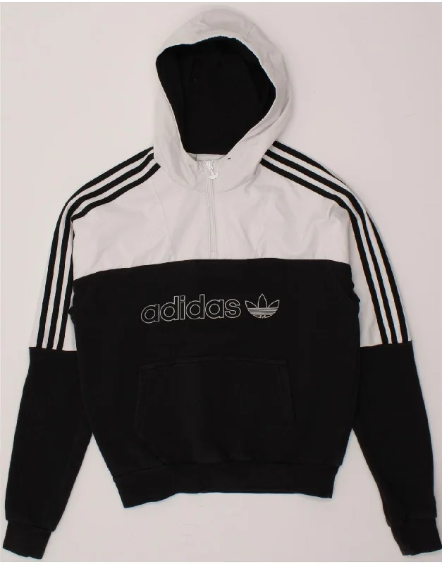 ADIDAS Mens Graphic Zip Neck Hoodie Jumper XS Black Colourblock Cotton Hoodie with Illustration Artistic Creative ADIDAS Mens Graphic Zip Neck Hoodie Jumper XS Black Colourblock Cotton Hoodie with Illustration Artistic Creative