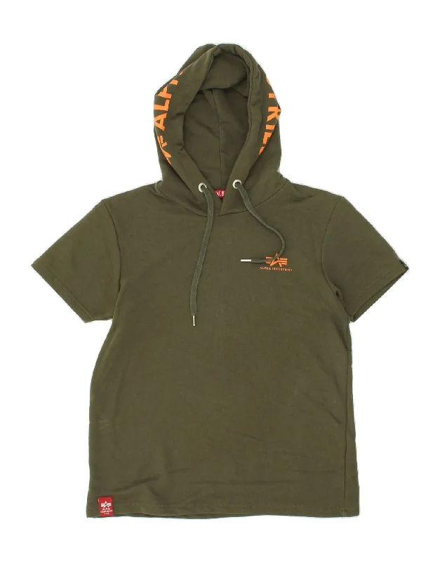 ALPHA INDUSTRIES Mens Short Sleeve Hoodie Jumper Small Khaki Cotton Hoodie with Mock Neck Collared Structured ALPHA INDUSTRIES Mens Short Sleeve Hoodie Jumper Small Khaki Cotton Hoodie with Mock Neck Collared Structured
