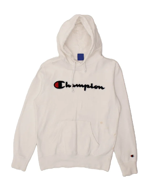 CHAMPION Womens Graphic Hoodie Jumper UK 10 Small White Cotton Hoodie with Hem Patch Decorative Personalized CHAMPION Womens Graphic Hoodie Jumper UK 10 Small White Cotton Hoodie with Hem Patch Decorative Personalized