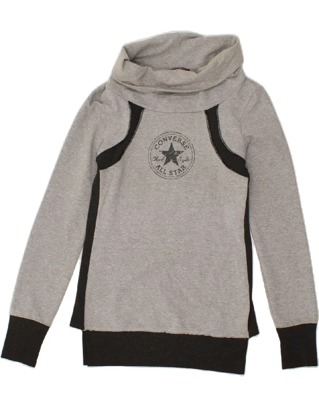 CONVERSE Womens Graphic Roll Neck Sweatshirt Jumper UK 10 Small Grey Hoodie with Patch Decorative Personalized CONVERSE Womens Graphic Roll Neck Sweatshirt Jumper UK 10 Small Grey Hoodie with Patch Decorative Personalized