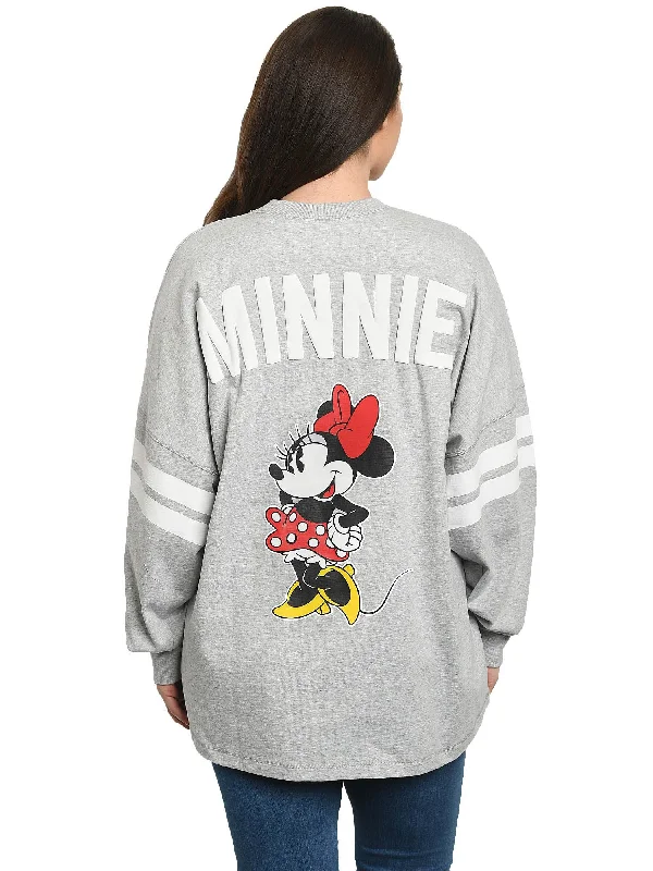 Disney Women Minnie Mouse Sweatshirt Jersey Long Sleeve Light Gray Hoodie with Neon Bright Vibrant