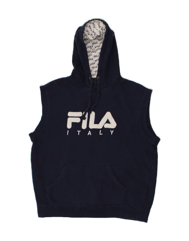 FILA Mens Graphic Sleeveless Hoodie Jumper Large Navy Blue Cotton Hoodie with Ribbed Neckline Snug Warm FILA Mens Graphic Sleeveless Hoodie Jumper Large Navy Blue Cotton Hoodie with Ribbed Neckline Snug Warm