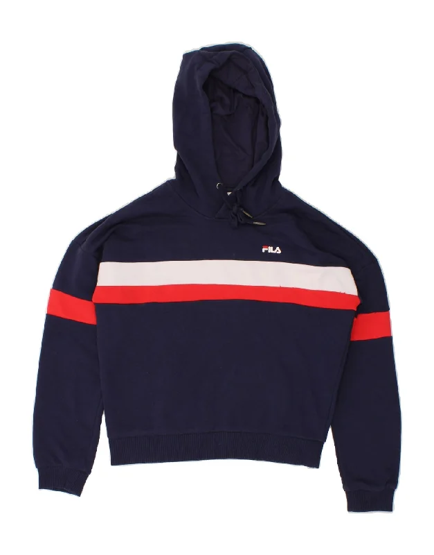 FILA Womens Graphic Hoodie Jumper UK 10 Small Navy Blue Colourblock Cotton Hoodie with Double Zipper Versatile Adjustable FILA Womens Graphic Hoodie Jumper UK 10 Small Navy Blue Colourblock Cotton Hoodie with Double Zipper Versatile Adjustable