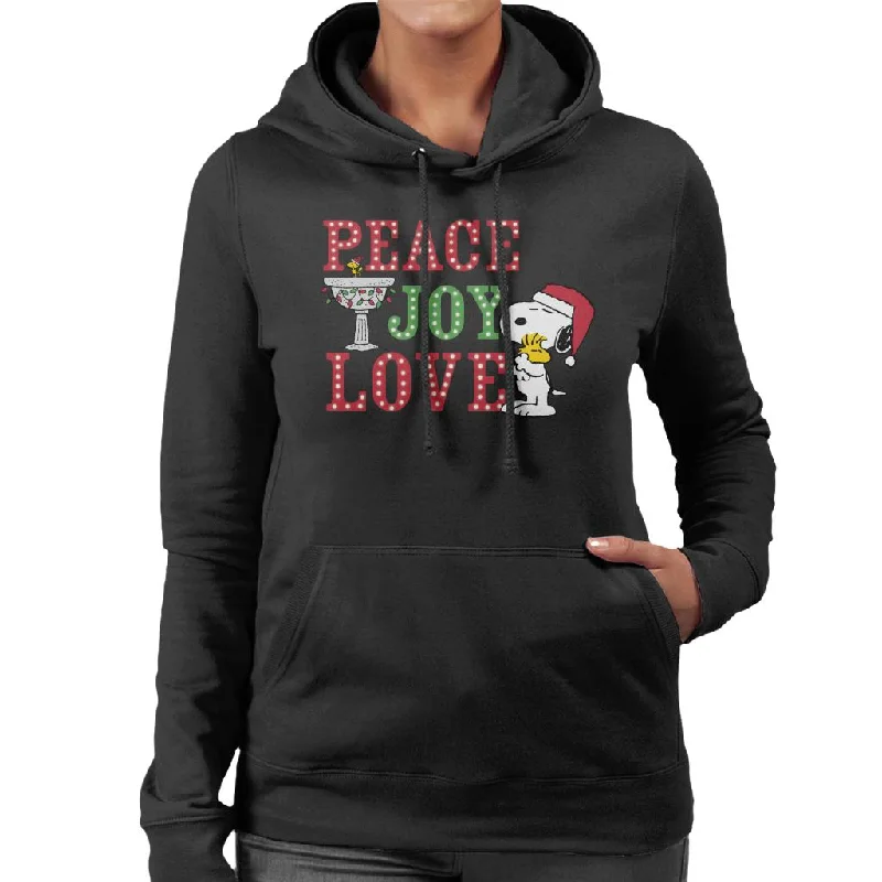 Peanuts Snoopy Holding Woodstock Peace Joy Love Women's Hooded Sweatshirt Hoodie with Exposed Zipper Edgy Industrial Peanuts Snoopy Holding Woodstock Peace Joy Love Women's Hooded Sweatshirt Hoodie with Exposed Zipper Edgy Industrial